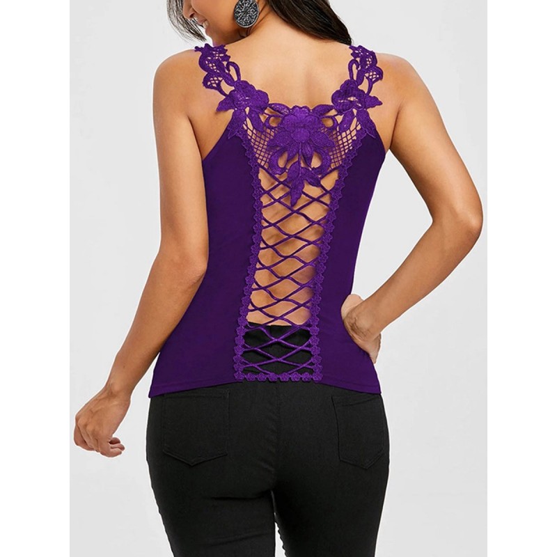 Pure Color Back Lace Hollow Out Tank Top