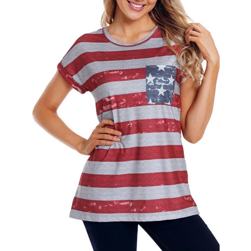 Roll Sleeves Star Stripe Print Women's T Shirt