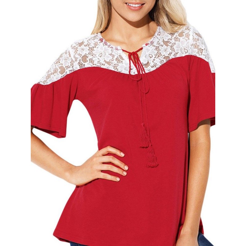 Double Color Splicing  V Collar  Lace Short sleeve...