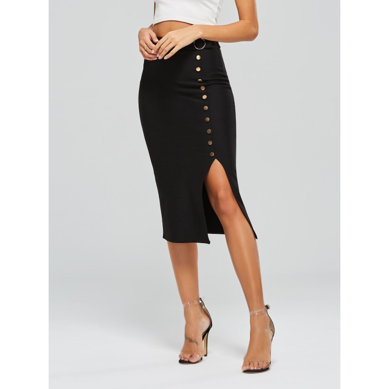 Row of Buttons Slit High Waist Women's Skirt