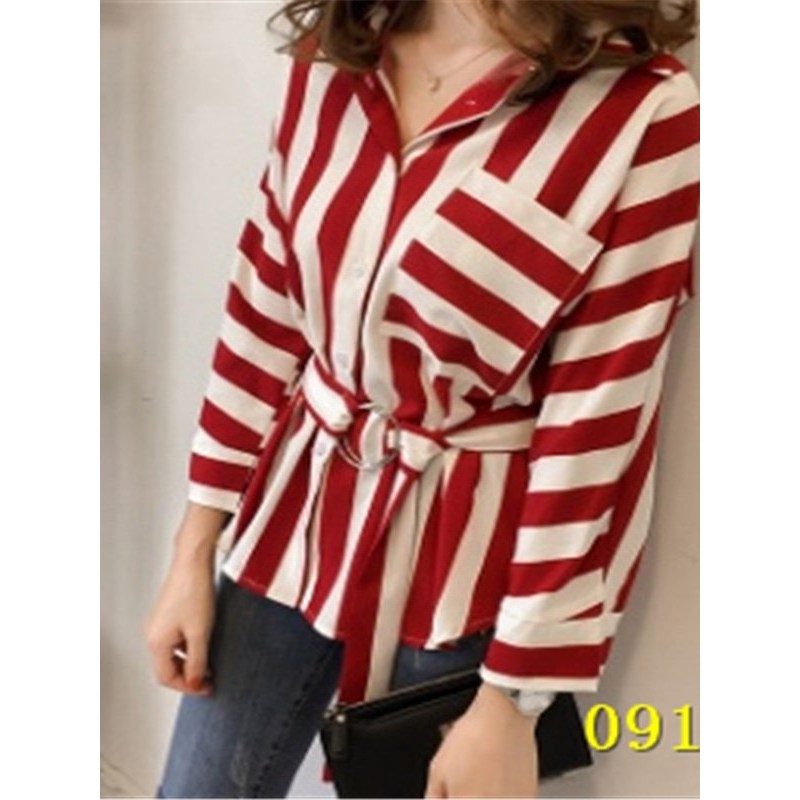 Self-tie Stripe Print Lapel Blouse