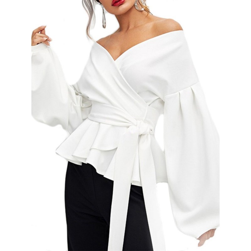 Off Shoulder Lantern Sleeve Lace Up Blouse