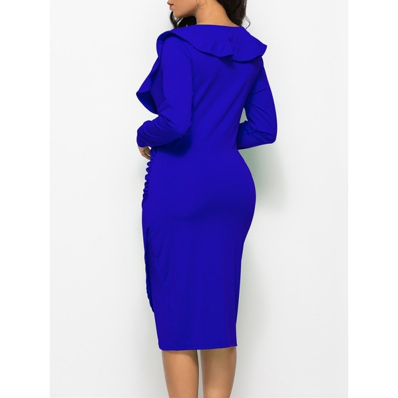 V-Neck Pleated Long Sleeve Women's Bodycon Dress