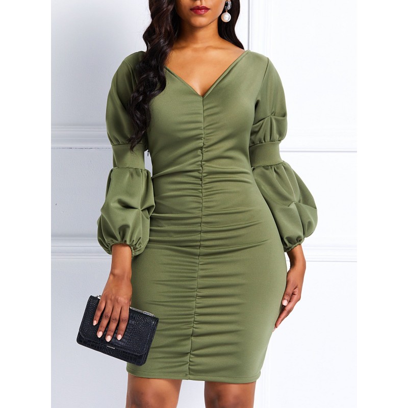 V-Neck Three-Quarter Lantern Sleeve Bodycon Dress